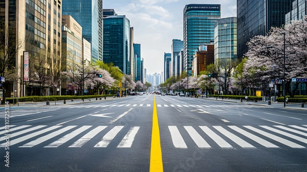 Fototapeta Cherry Blossom-Lined Streets and a Zebra Crossing in Seoul