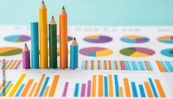 Fototapeta Colorful pencils stand atop a vibrant chart filled with graphs and pie sections, illustrating data in a creative, engaging manner.