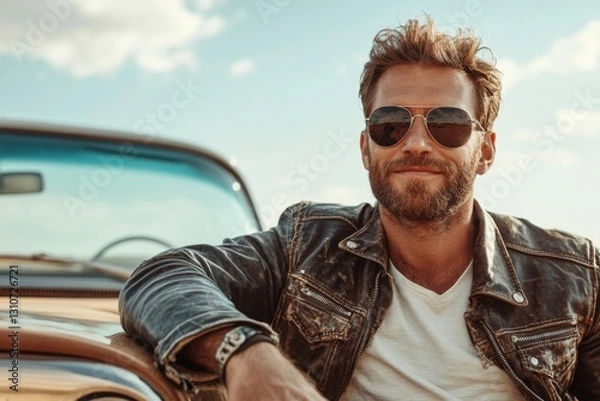 Fototapeta A man in a leather jacket with zipper details, distressed jeans, and aviator sunglasses, leaning against a vintage car