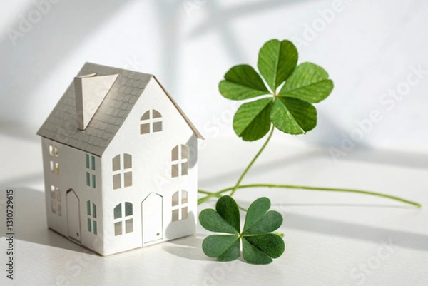 Obraz Paper Cut House with a Lucky Four-Leaf Clover – St. Patrick’s Day Symbolism
