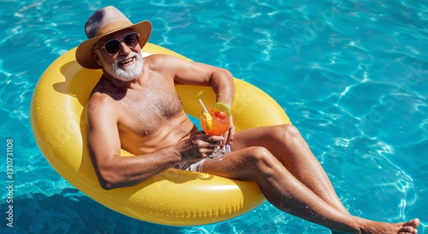 Fototapeta A senior man portrait with sunglasses smiling and holding a cocktail relaxing on an inflatable float in a pool. Concept of summer bliss and peaceful relaxation.