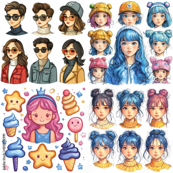 Fototapeta collection of diverse cartoon and anime style characters with various hairstyles, accessories, and expressions, alongside cute food illustrations like ice cream and stars