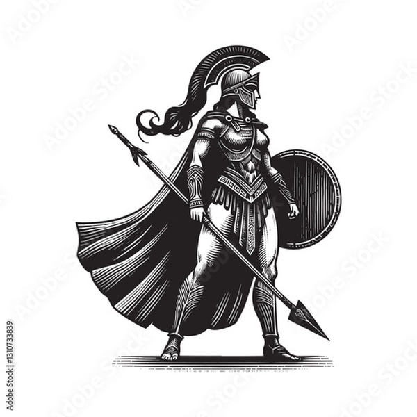 Obraz Monochrome Woodcut Illustration: Fierce Amazon Warrior with Spea