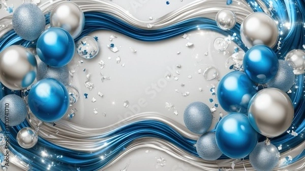 Fototapeta A realistic 3D birthday card with glossy blue and silver balloons, elegant ribbon swirls, and soft confetti details.
