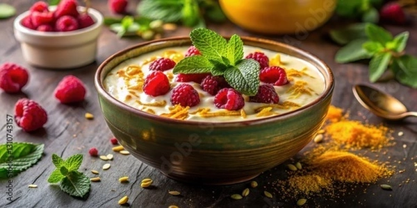 Fototapeta Warmly lit sweet rabdi in a shallow metal bowl with a sprinkle of kesar on top, surrounded by lush greenery and fresh mint leaves, raspberry jam, creamy dessert