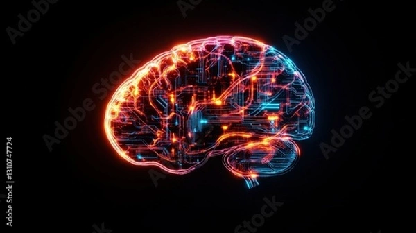 Obraz A creative depiction of a brain featuring a circuit design in the middle representing the fusion of mind and technology