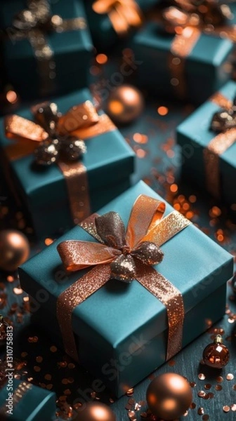 Fototapeta Elegant teal gift boxes with glittering copper ribbons and ornaments create a festive mood.