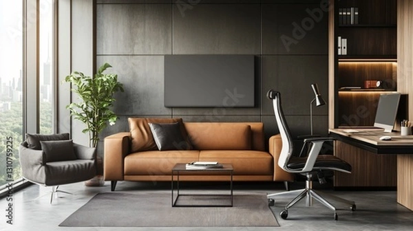 Fototapeta Modern Home Office with Tan Leather Sofa, Ergonomic Chair, and City View