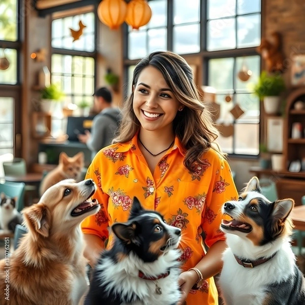 Fototapeta Una mujer hispana mirando perros y gatos en un café para perros.
Lleva una camisa brillante.
ella es encantadora