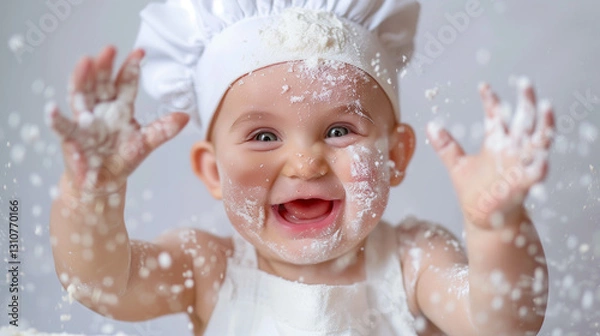 Fototapeta Happy baby in a chef’s hat playing with flour and laughing in a bright kitchen