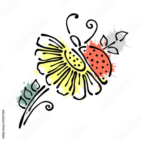 Fototapeta Vector floral illustration with insect Ladybug with flowers, leaves, decorative elements isolated on the white background Hand drawn contour lines and strokes Doodle style, graphic vector illustration
