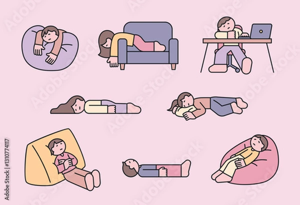 Obraz Cute illustration of tired and exhausted people in various resting poses, depicting laziness, fatigue, and relaxation. Simple and modern design.