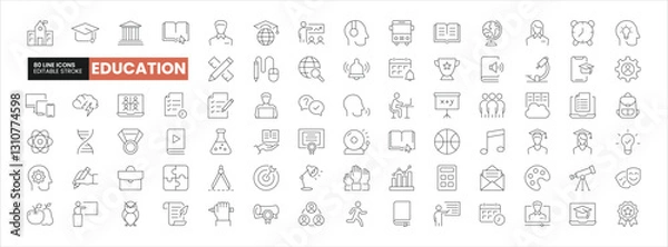 Fototapeta Set of 80 Education line icons set. Education outline icons with editable stroke collection. Includes E-Learning, University, Teacher, Audio Book, Graduation and More.