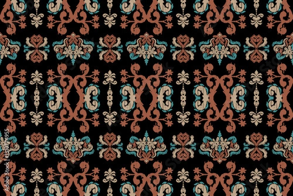 Fototapeta Carpet ikat floral pattern,fabric pattern on navy blue background vector illustration.Ikat ethnic oriental embroidery.Aztec style,abstract background.design for texture,clothing,decoration,carpet,rug.