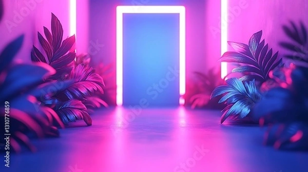 Obraz Neon corridor with tropical plants, product showcase, abstract background
