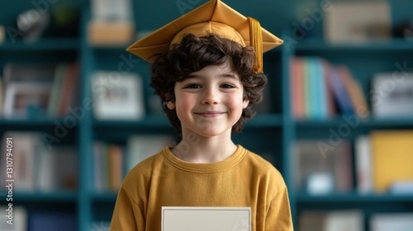 Fototapeta student life study achievement, Smiling child in graduation cap holding a certificate in a colorful room.