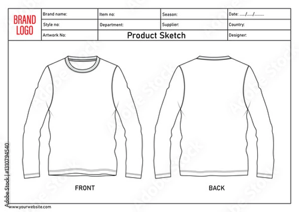Fototapeta Long sleeve t shirt technical drawing fashion flat sketch vector illustration template with tech pack details