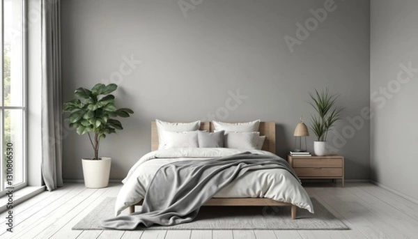 Fototapeta Modern spacious bedroom interior with gray walls, white wooden floor, comfortable double bed. Decorative indoor plants, table lamp on bedside table. Minimalist design, cozy atmosphere, sunlight from