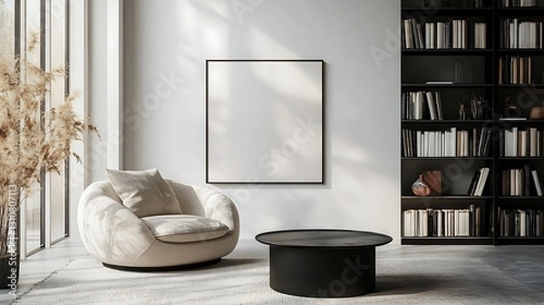 Fototapeta blank poster frame in the center, surrounded by two cream-colored armchairs and a coffee table with pampas grass decoration on top. The modern living room interior design features white walls