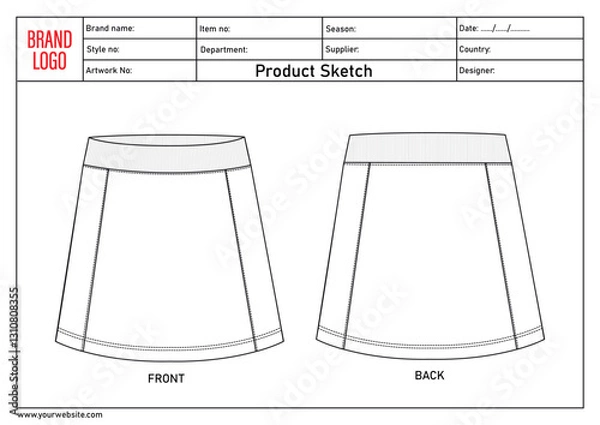 Fototapeta Ladies Skirt Technical drawing fashion flat sketch vector illustration template with tech pack details