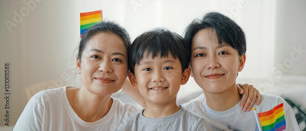 Fototapeta Family celebration with rainbow flags showcasing love and pride in a bright room
