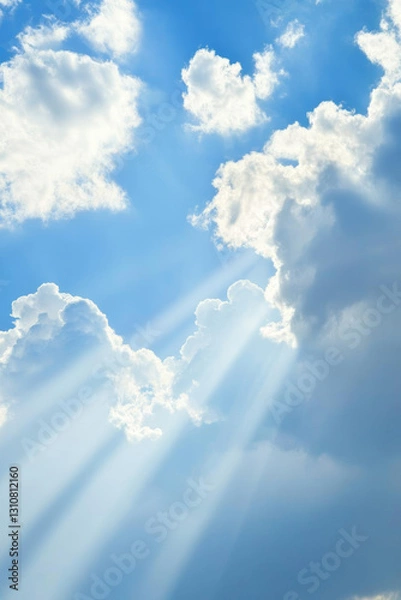 Obraz Bright blue sky with clouds and sun rays shining through