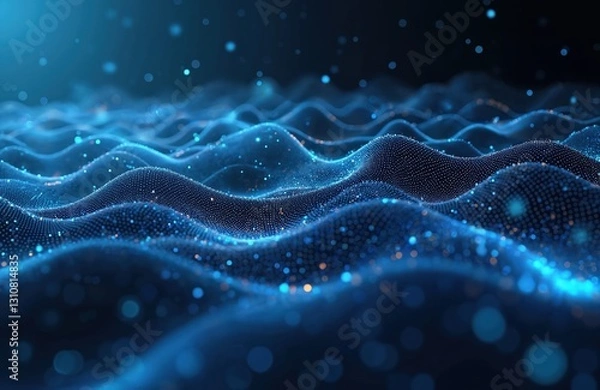 Fototapeta Abstract tech background with blue glowing particles flowing. Network connection and data flow concept. Futuristic design with dynamic wave effect for digital projects, presentations.