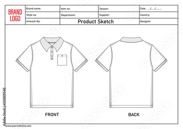 Fototapeta Polo shirt technical drawing template with tech pack details