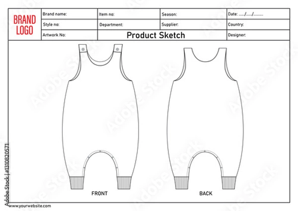 Fototapeta Romper bodysuit Technical drawing fashionflat sketch vector illustration template with tech pack details