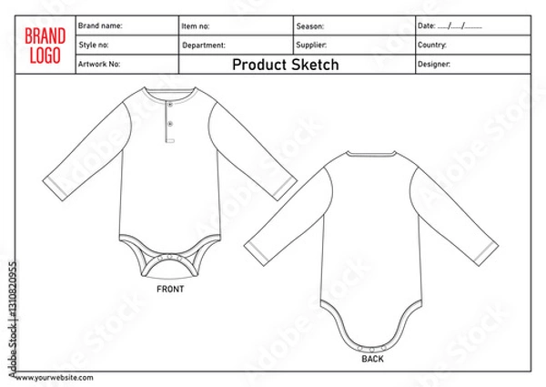 Fototapeta Romper bodysuit technical drawing fashion flat sketch vector illustration template with tech pack details