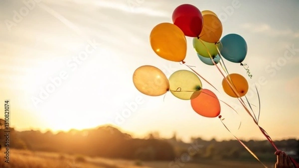 Fototapeta Colorful balloons are held against a sunset backdrop, creating a joyful and uplifting scene in a serene outdoor setting.