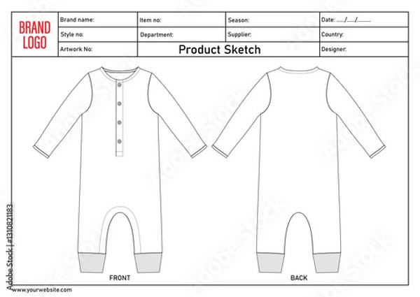 Fototapeta Overalls bodysuit technical drawing fashion flat sketch vector illustration template for kids with tech pack details