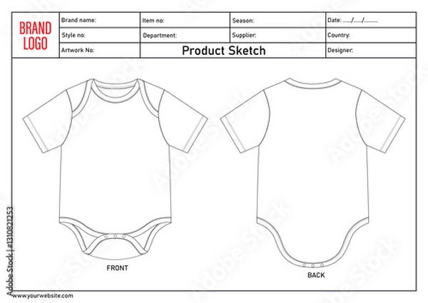 Fototapeta Romper bodysuit technical drawing fashion flat sketch vector illustration template with tech pack details