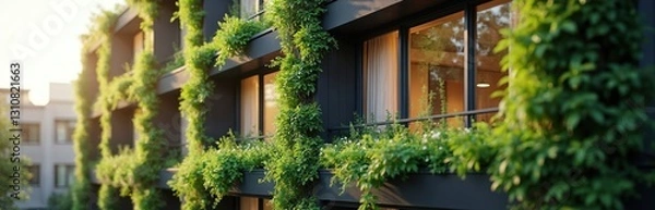 Obraz Exterior of modern building covered in climbing plants. Eco friendly building design with plants facade. Sustainable architecture with low-energy consumption, improves thermal insulation, natural