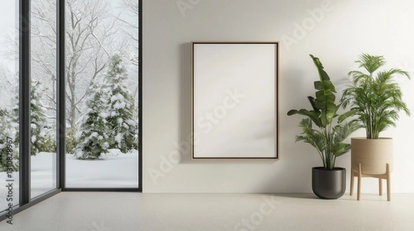 Obraz Minimalist interior design with large window, empty frame, and indoor plants overlooking a snowy landscape.