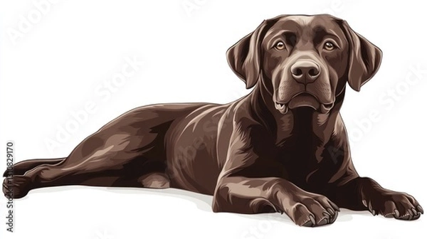 Fototapeta Chocolate Labrador Retriever lying down, looking at viewer.