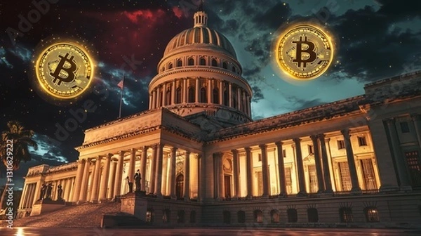 Fototapeta Bitcoin Holograms Orbiting National Landmark with Night Sky Background