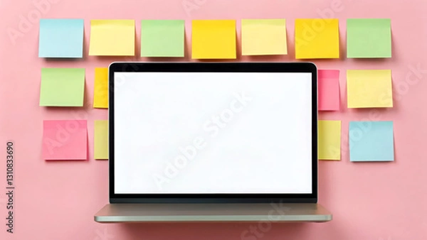 Fototapeta virtual classroom education with accessibility Concept Laptop surrounded by colorful sticky notes on a pink background.