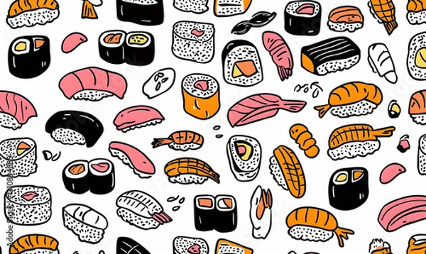Fototapeta Colorful Hand-Drawn Sushi Pattern for Background and Design Use