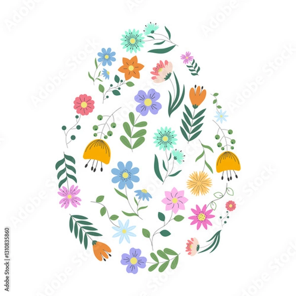 Obraz Easter Patterned Egg with Flowers. Happy Spring Holiday Egg for Banner, Poster, Greeting Card Background. Modern Easter Design with Egg, Flowers. Cute Easter Elements. Creative Spring Pattern.