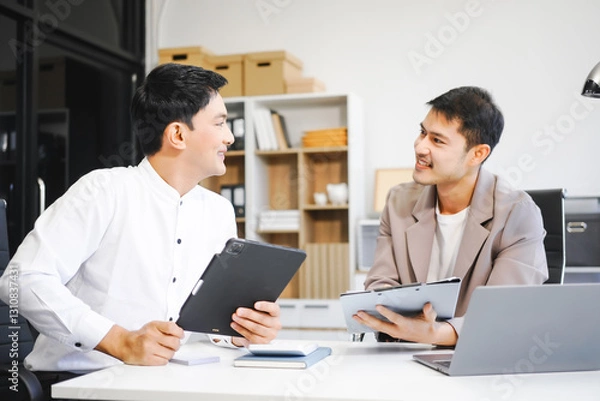 Obraz Two Asian businessmen sit in the office using laptops. They manage business tasks, communicate with clients, analyze data, and oversee projects to ensure success and efficiency in their operations