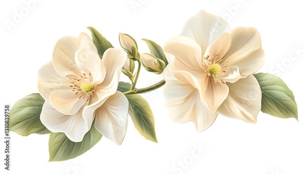 Fototapeta Hyper-realistic Photograph of Two Cream Colored Flowers with Buds
