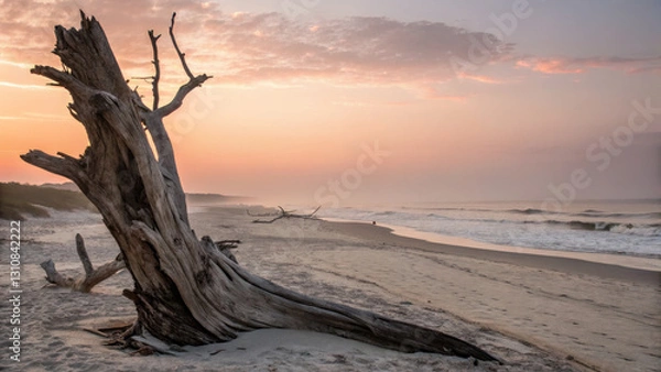 Fototapeta serene beach scene featuring weathered tree trunk, gentle waves, and colorful sunset sky. tranquil atmosphere evokes sense of peace and natural beauty