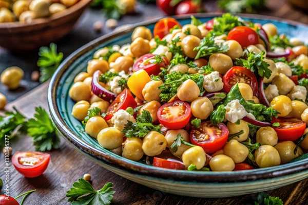 Fototapeta Fresh chickpea salad with cherry tomatoes, herbs, and feta cheese