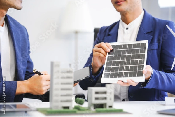 Fototapeta Two Asian businessmen meet at the table with wind power engineers to discuss renewable energy solutions. They exchange ideas on wind turbines, solar energy,simulations for sustainable development