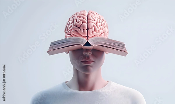 Fototapeta Human figure with brain and open book creating knowledge concept