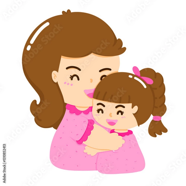 Fototapeta Cartoon image of a mother holding or hugging her child, the bond that occurs between a mother and child, the concept of a mother's love for her child, the concept and feelings of Mother's Day.