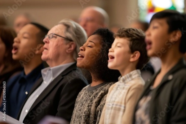 Fototapeta Family members of all ages come together in harmony, singing hymns in a church setting. Their expressions reflect joy and connection as they share this uplifting experience