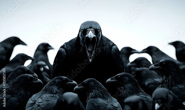 Fototapeta Dark Gathering of Crows with Intense Black Raven in Center