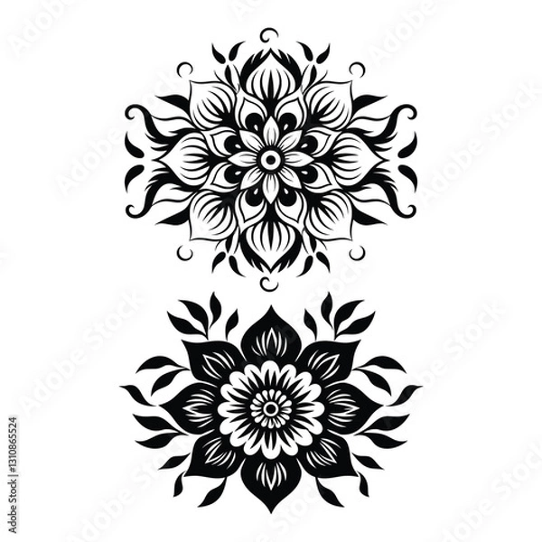 Fototapeta Black and white intricate floral emblems silhouette isolated on white background